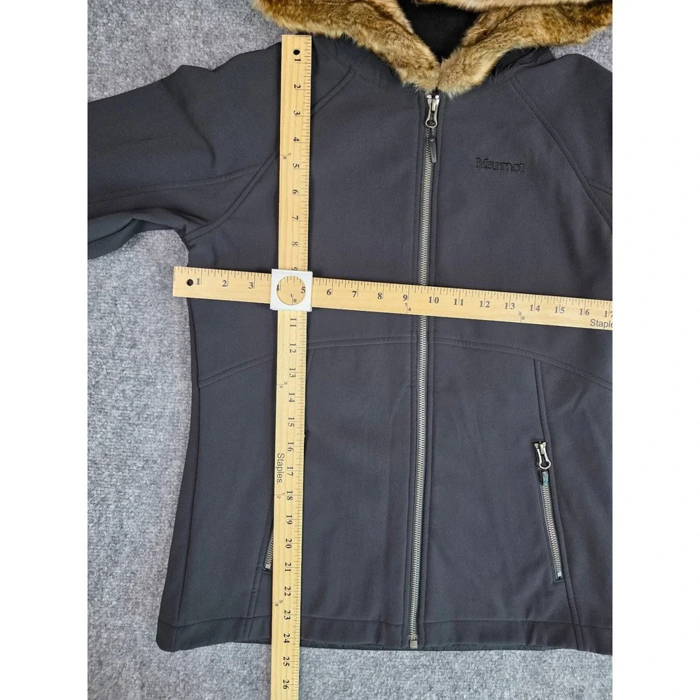 Marmot Softshell Jacket Womens Medium Black Faux Fur Hood Full Zip Fleece Lined